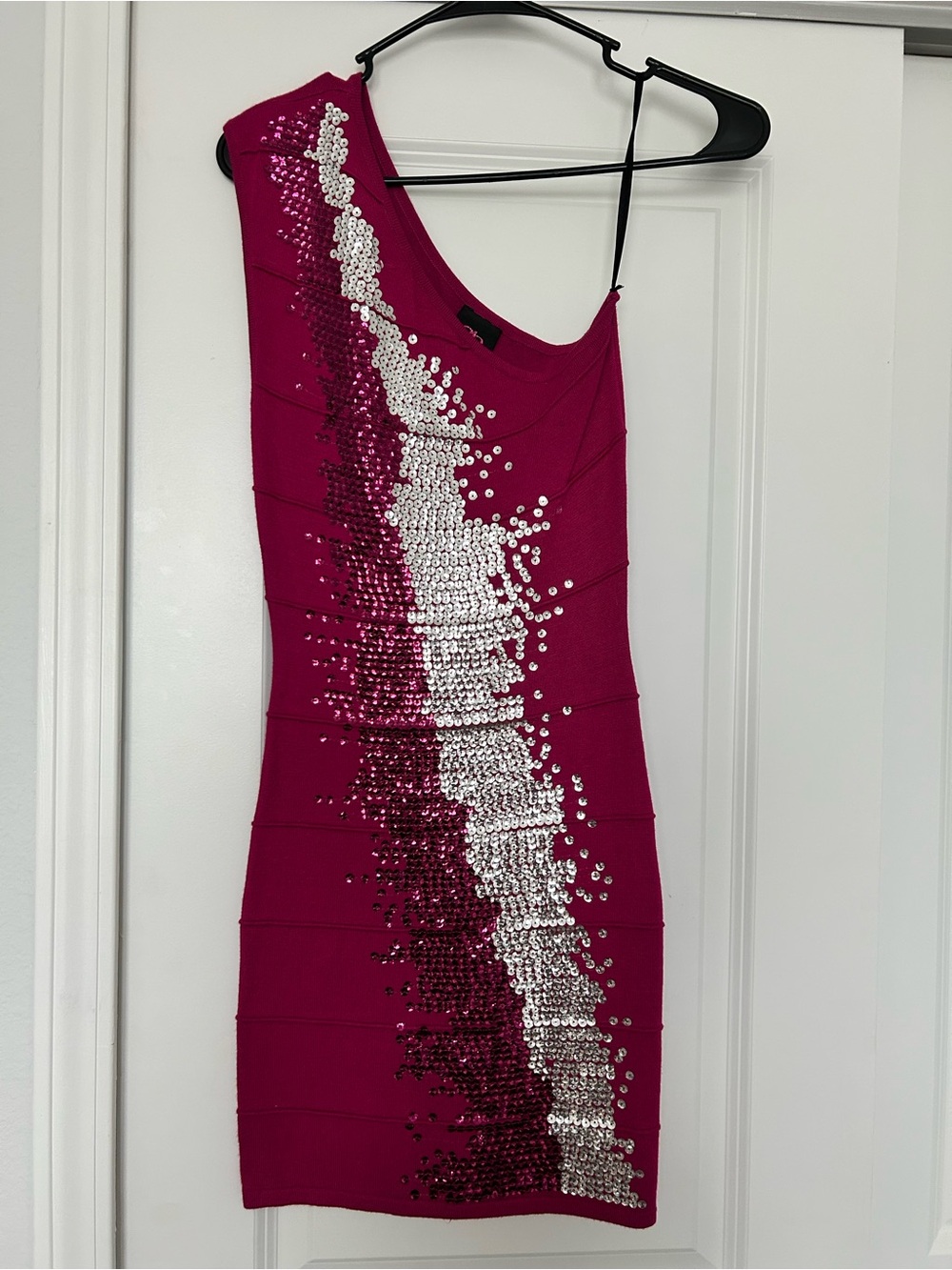 2B Bebe Magenta One-Shoulder Sequin Stripe Dress